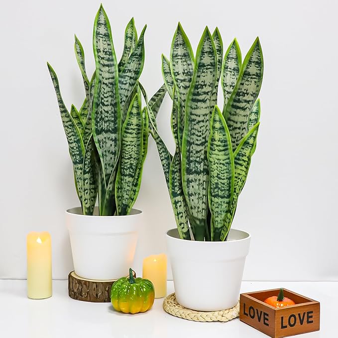 Artificial Snake Plant, Faux Sansevieria Agave Plants with White Pot, 21-inch Potted Fake Decorative Plant for Home Office Decoration Housewarming Gift (Set of 2)
