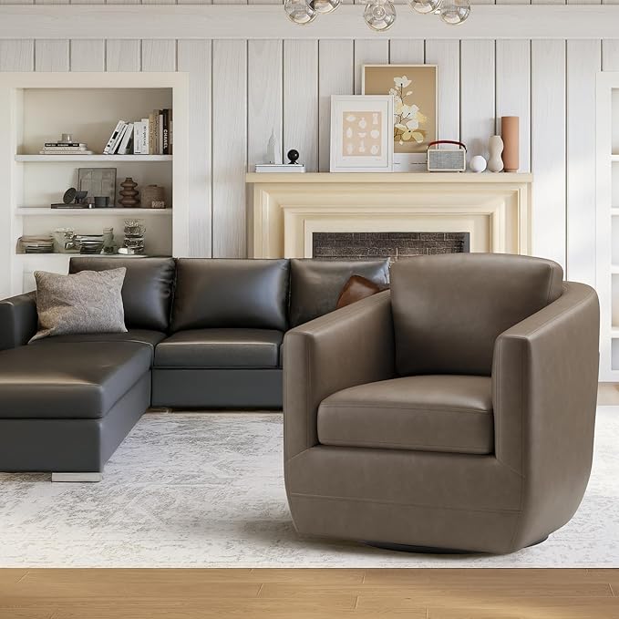 COLAMY 360° Swivel Accent Chair with Pillow, Leather Living Room Armchair No-Sag Foam & Sturdy Metal Base, Fully Assembled Swivel Accent Single Sofa for Bedroom Living Room, Reading Room, Wolf Grey