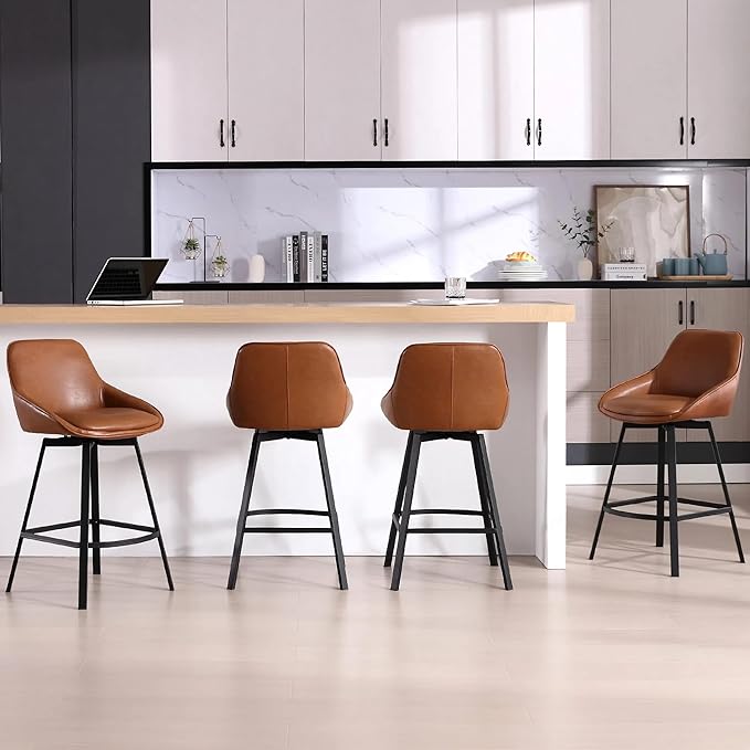 Zesthouse Swivel Counter Height Stools Set of 4, Modern Upholstered Barstools with Backs, 26'' Faux Leather Counter Height Bar Stools, Metal High Chairs for Island Kitchen, Brown