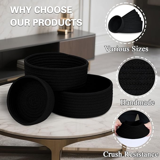 Small Shelf Storage Baskets for Organizing, 6 Pack Round Cotton Rope Bins, Decorative and Cute Woven Baskets for Bedroom and Closet, Key Tray Bowl, Home Decor Countertop Organizer (Black)