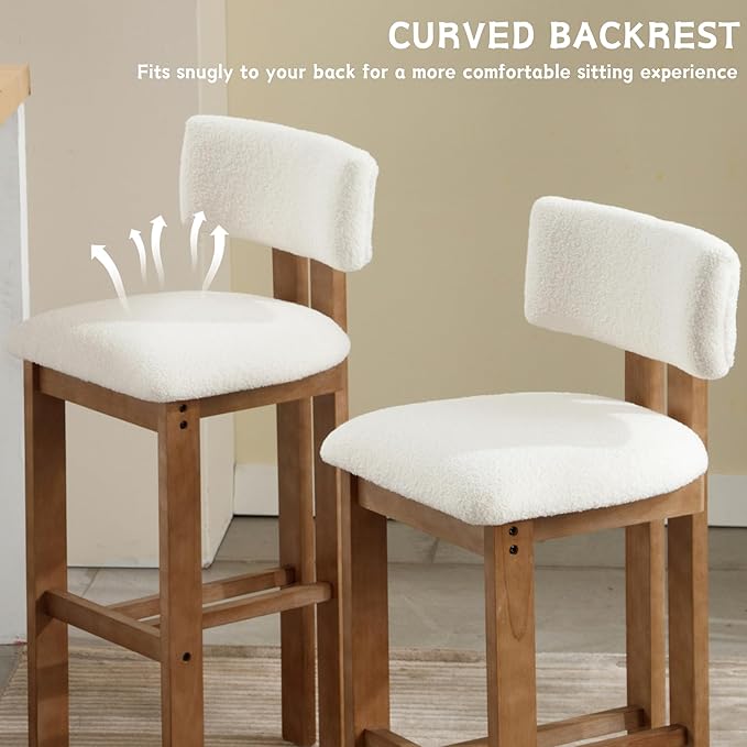 Upholstered Farmhouse Counter Height Bar Stools Set of 4 White Sherpa Barstools with Back/Solid Wood Legs, Modern Bar Chairs for Kitchen Island/Home Bar/Pub, 26 Inch