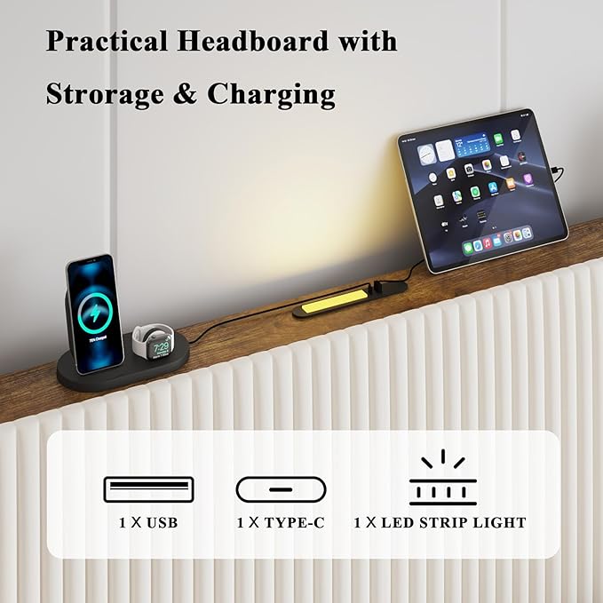 Upholstered Bed Frame Full Size Beige Velvet Wingback Headboard with Charging Station Vertical Channel Tufted Platform Bed Metal Slats Foundation No Box Spring Needed, Easy Assembly