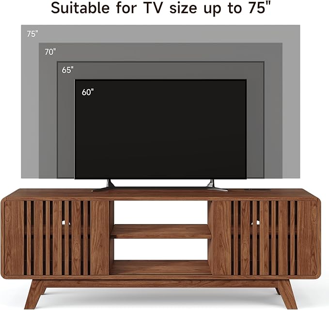 Mid-Century Modern Television Stand for 55/65/70 inch TV, 63” TV Stand with Power Outlet for Living Room, Entertainment Center with Sliding Grille Door Cabinets and Open Shelves, for Bedroom, Walnut