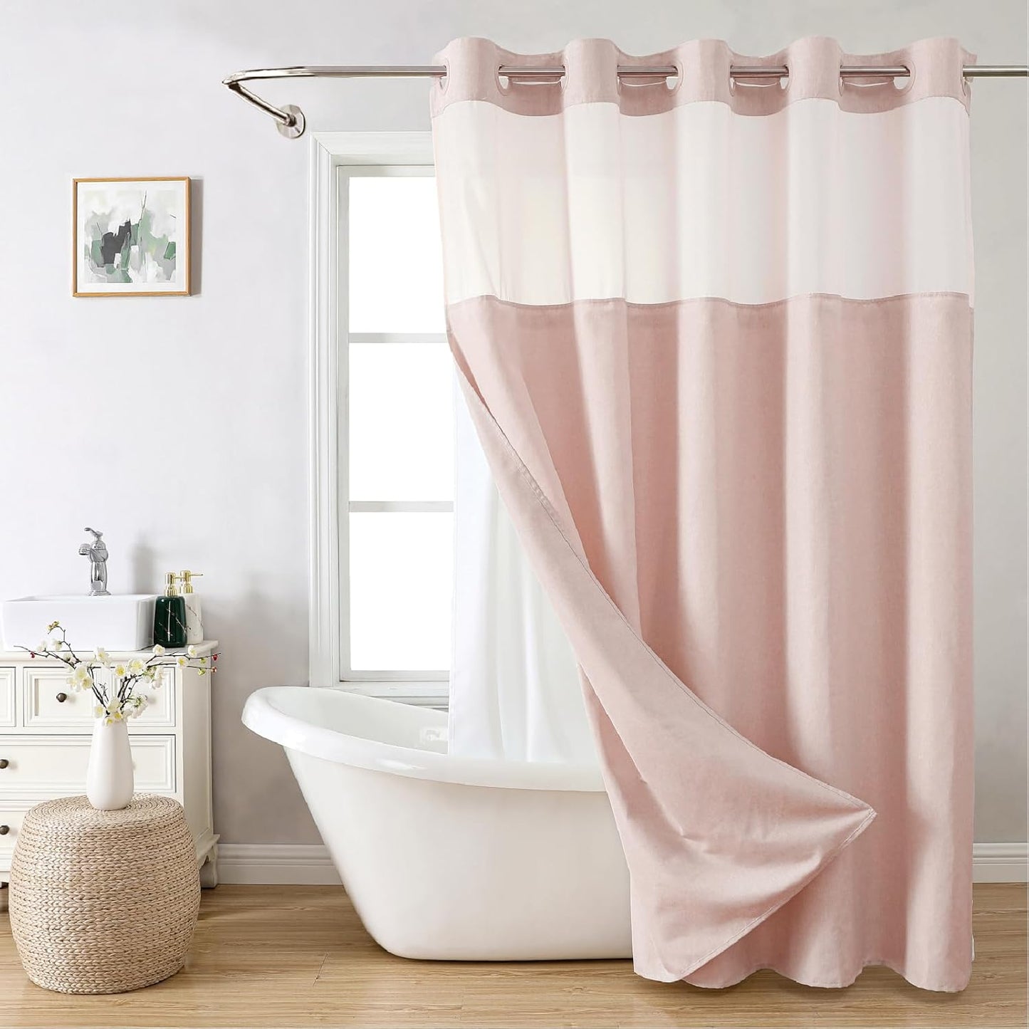 Long No Hooks Needed Linen Textured Shower Curtain with Snap-in Fabric Liner Set,Blush Hotel Luxury Decor Shower Curtains for Bathroom,Waterproof & Washable,71Wx80H