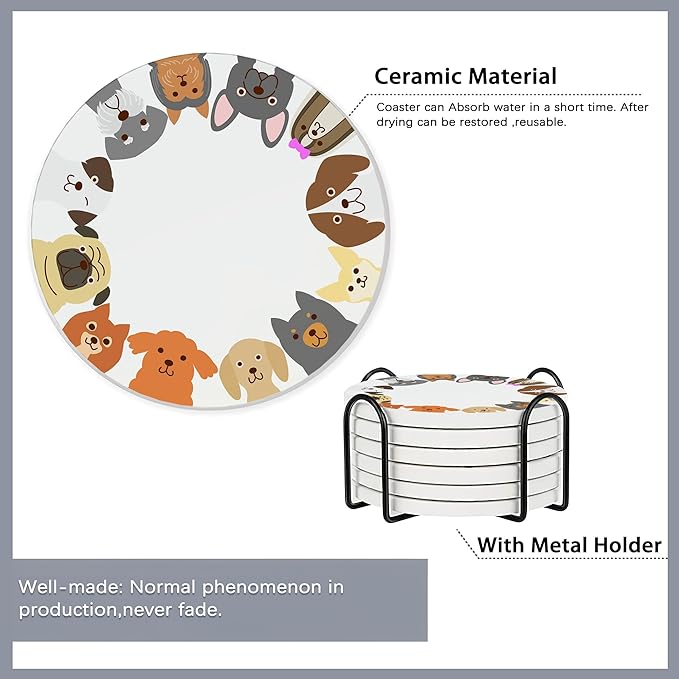 6 Pcs Coasters for Drinks with Holder,Cute Cats and Dogs Absorbent Coaster with Cork Backing,Great Gift for Housewarming,Room Decor,Bar,Holiday Party