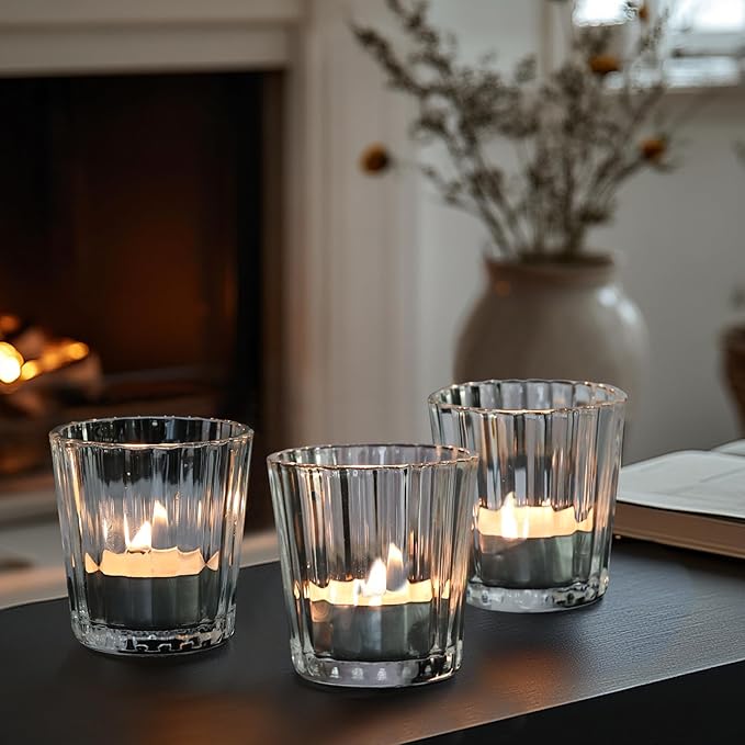 ComSaf Votive Candle Holders, 12 PCS Glass Candle Holders, Ribbed Tealight Candle Holder for Table Centerpieces, Clear Candle Holder for Wedding, Home Decor, Party, Baby Shower, Special Occasions