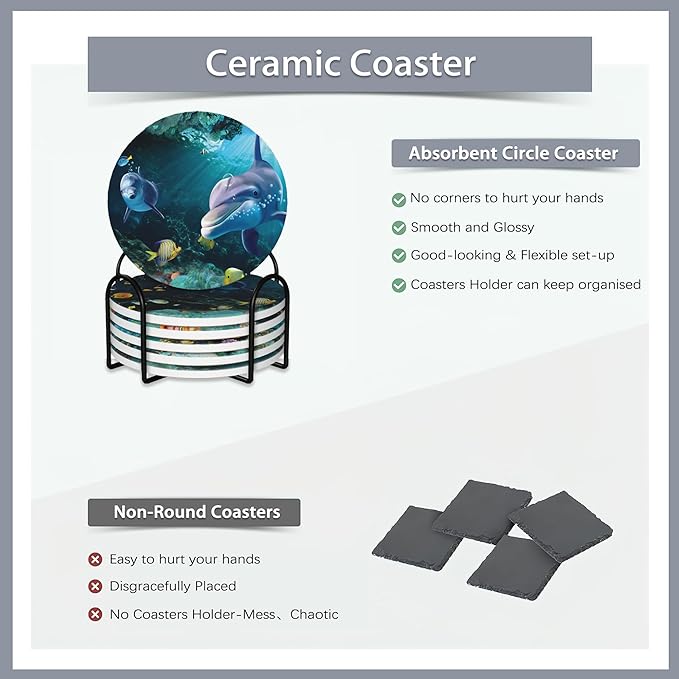 6 Pcs Coasters for Drinks with Holder,Underwater Fishes Sea Turtle Absorbent Coaster with Cork Backing,Great Gift for Housewarming,Room Decor,Bar,Holiday Party