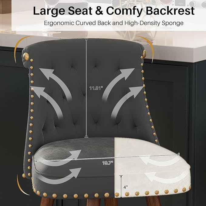 24" Counter Height Bar Stools Set of 4, Swivel Counter Stools with Back, Upholstered Velvet Stools for Kitchen Counter with Wood Legs, Fabric in Gray