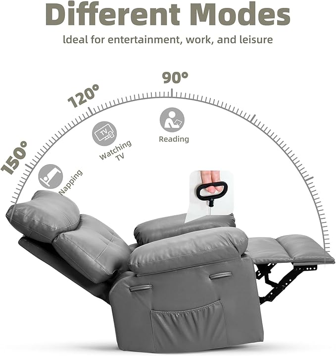 Garvee Manual Recliner PU Leather Living Room Chair Adjustable Reclining Chair Oversized Home Theater with Massage & Heat - Gray