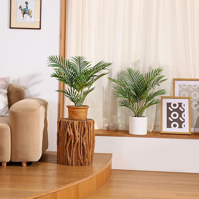 LOMANTO Fake Majesty Palm Plant 2Ft Artificial Plants for Home Decor Indoor Small Faux Trees in Pot Fake Tropical Plants for Housewarming Gift 2Pack