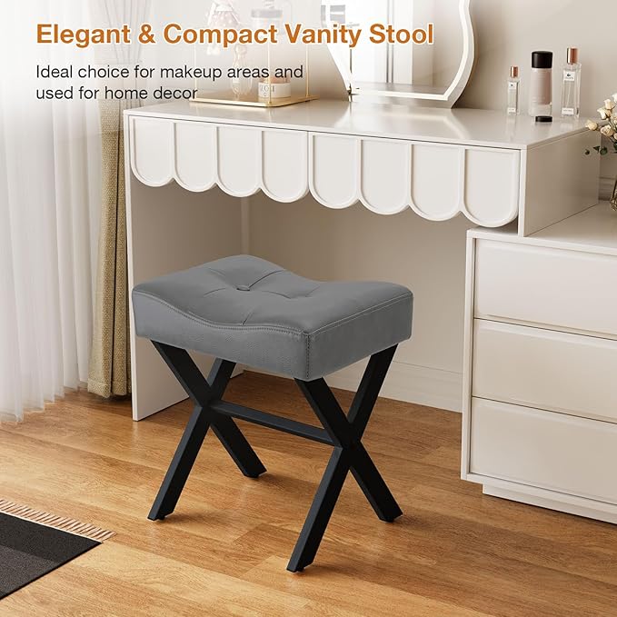 18-Inch Leather Vanity Stool Chair, Vanity Bench with Metal X-Leg, Ottoman Accent Stool with Thick Padded Saddle Seat, Gray