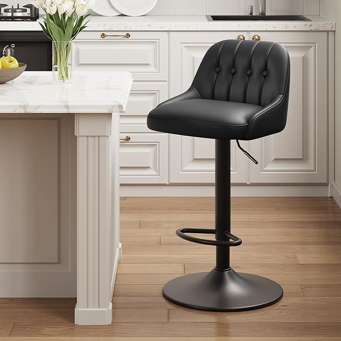 Bar Stools Set of 1, Swivel Bar Chairs, Modern Adjustable PU Leather Upholstered Barstools Counter Height with Tufted Back for Bar, Kitchen Counter Island, Dining Room, Black