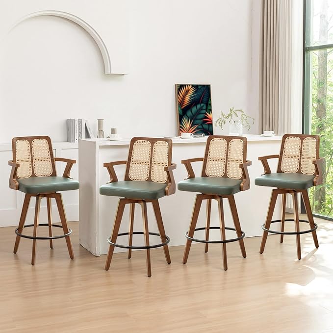 Counter Stools Set of 4 - 27 inch Swivel CounterStools with Rattan Back, Curved Arms, Upholstered Seat, Adjustable Bamboo Legs, Counter Top Stools for Island/Pub/Kitchen (27" Seat Height, Green)
