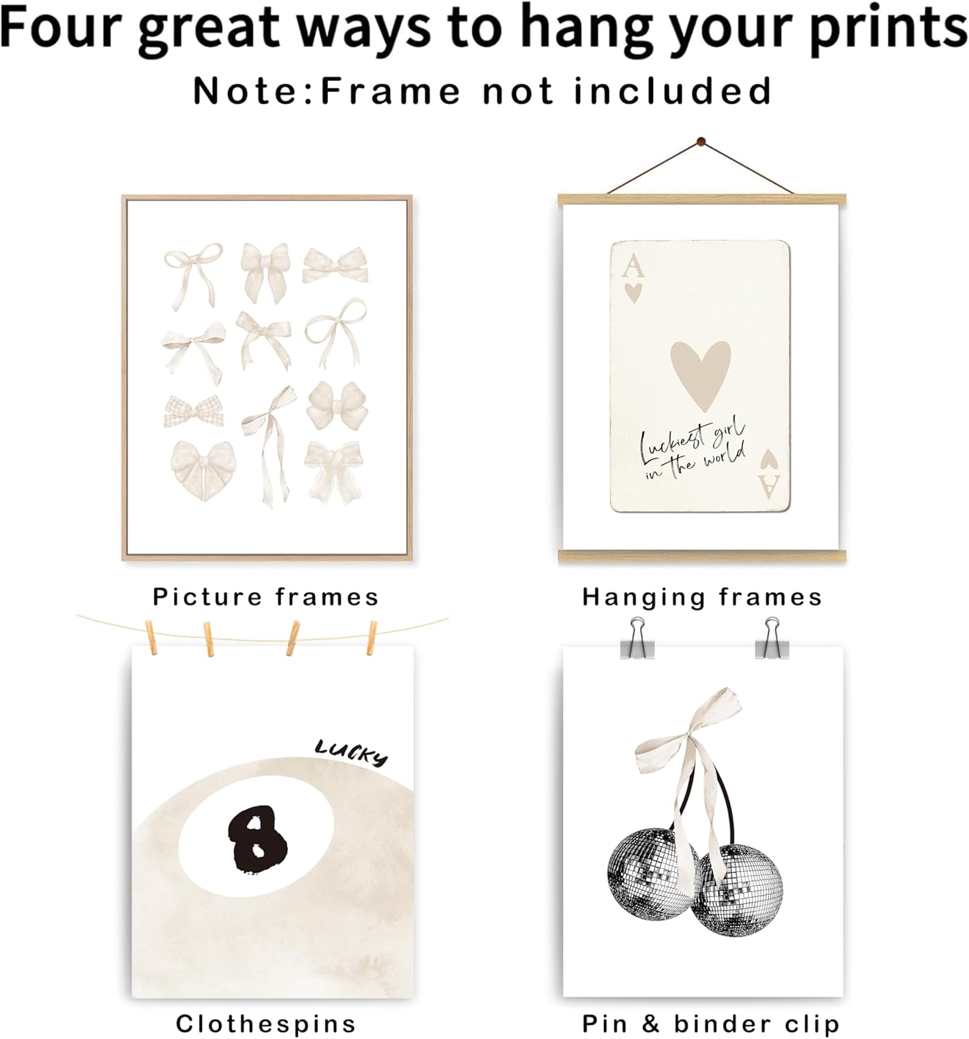 okaxscm Beige Coquette Trendy Preppy Wall Art Prints Set of 4, Coquette Room Decor, Preppy Room Decor Aesthetic, Beige Bow Disco 8 Ball Cherry Wall Decor Posters for Girls Bedroom Dorm, 8x10 Unframed