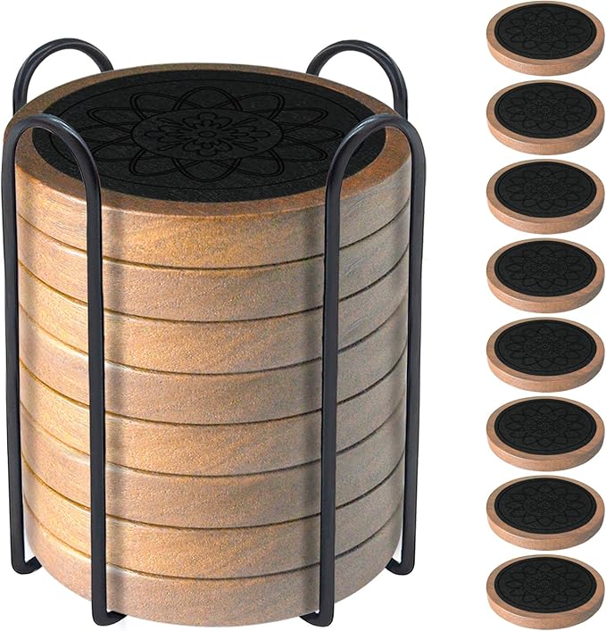 Wood Coasters for Drinks Set of 8, Minacun Absorbent Coaster, Drinks Coasters for Coffee Tabletop Protection, Non-Slip, Non-Stick, Suitable for Kinds of Cups Wooden Table Drink, 4.3 Inch Black