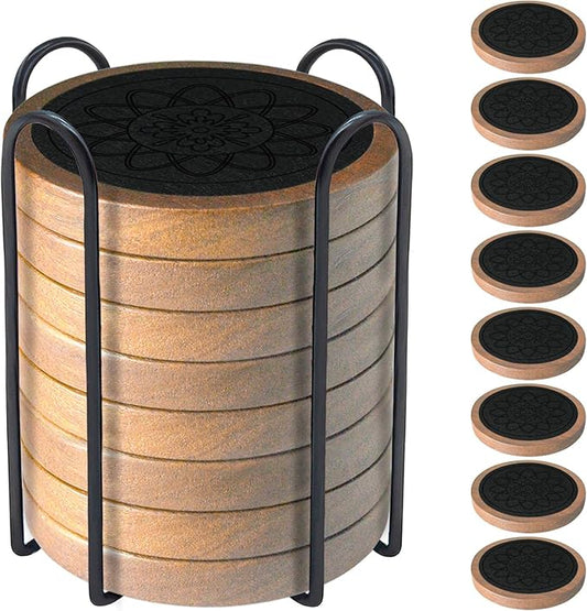Wood Coasters for Drinks Set of 8, Minacun Absorbent Coaster, Drinks Coasters for Coffee Tabletop Protection, Non-Slip, Non-Stick, Suitable for Kinds of Cups Wooden Table Drink, 4.3 Inch Black