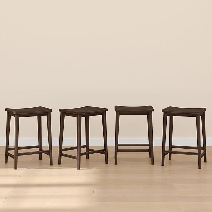Plank+Beam Smythe Counter Stool, 24", Set of 4, Sturdy Wood Modern Kitchen Counter Height Stool, Saddle Seat Backless Counter Chair, Metal Footrest, Walnut