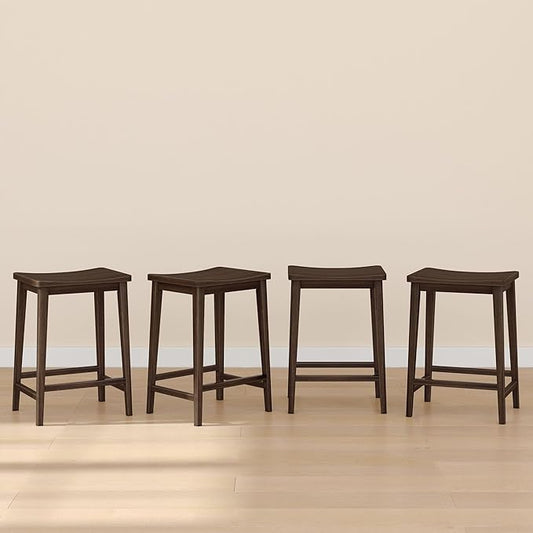Plank+Beam Smythe Counter Stool, 24", Set of 4, Sturdy Wood Modern Kitchen Counter Height Stool, Saddle Seat Backless Counter Chair, Metal Footrest, Walnut