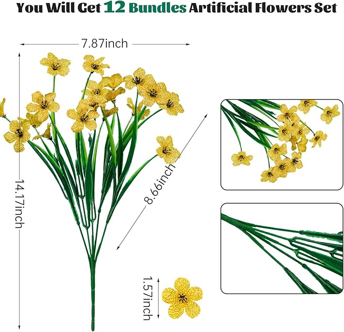 Lnoicy 12 Pcs Artificial Flowers for Outdoor,Plastic Flowers Decoration, UV Resistant Faux Flowers Shrubs, Artificial Plants for Indoor Outside Garden Home Wedding Farmhouse(Yellow)