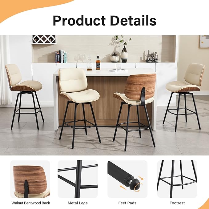 Mid Century Modern Counter Stools Set of 2, 27" Swivel Bar Stools with Metal Legs, Faux Leather Upholstered Bar Chairs with Footrest for Kitchen Island & Dining Tables, Beige