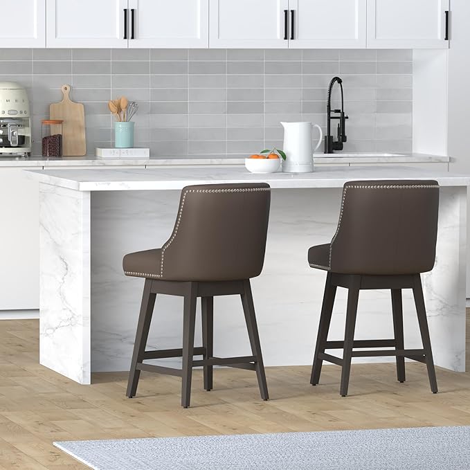 CHITA Counter Height Swivel Bar Stools Set of 2, FSC Certified Upholstered Counter Stools, Modern Swivel Barstools with Wood Legs for Kitchen Island, 26" Seat Height, Faux Leather in Chocolate