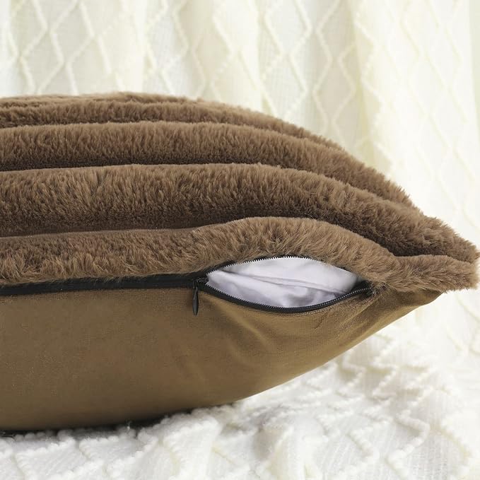 FUTEI Tan Striped Decorative Throw Pillow Covers 12x20 Inch Set of 2,Rectangle Fall Decorations Couch Lumbar Pillowcase,Soft Cozy Faux Rabbit Fur & Velvet Back,Modern Home Decor for Bed