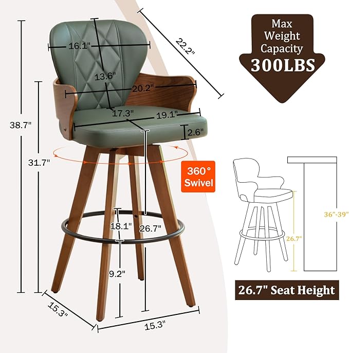 26.7” Swivel Bar Stools Set of 3,Green Faux Leather Counter Height Stools with Armrest and Fishtail-Shaped Back,Mid Century Modern Barstools,Walnut Bar Chair for Kitchen Island or Home Bar