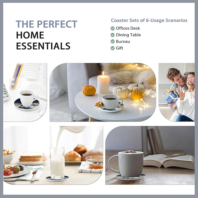 6 Pcs Coasters for Drinks with Holder,Blue Gold Marble Absorbent Coaster with Cork Backing,Great Gift for Housewarming,Room Decor,Bar,Holiday Party