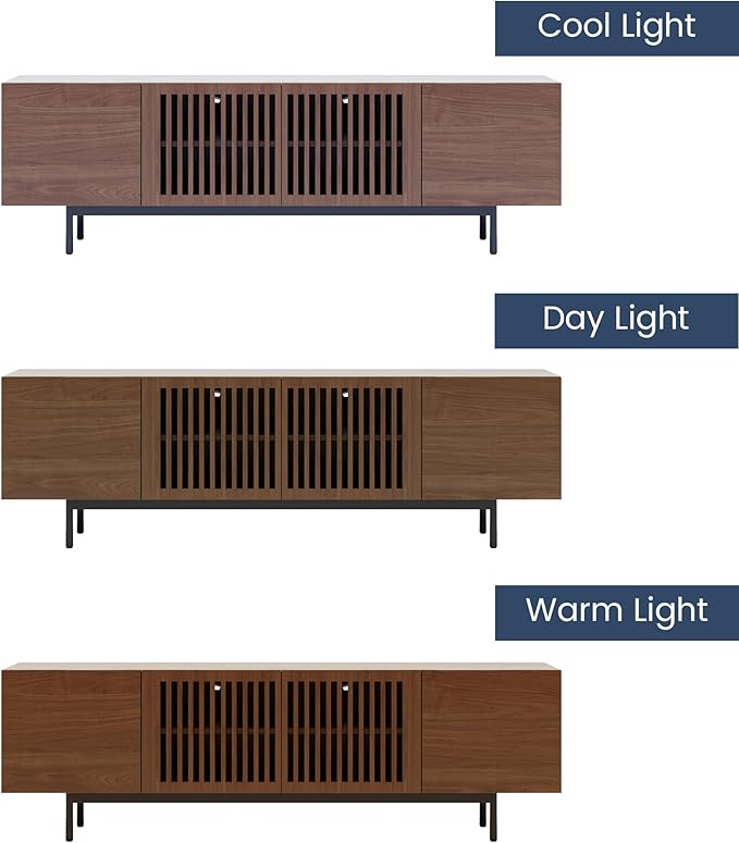 POVISON Mid Century Modern Sintered Stone TV Stand, Slatted Media Console TV Cabinet with Tall-cast Metal Legs, Fluted Entertainment Center with Storage, Fully-Assembled (Walnut, 70.87")