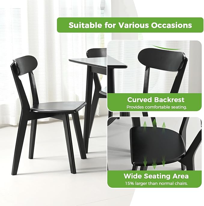 DELAVIN Soild Wood Dining Chairs Set of 2, Oak Wood Kitchen Chairs, Mid Century Modern Dining Room Chairs, Black