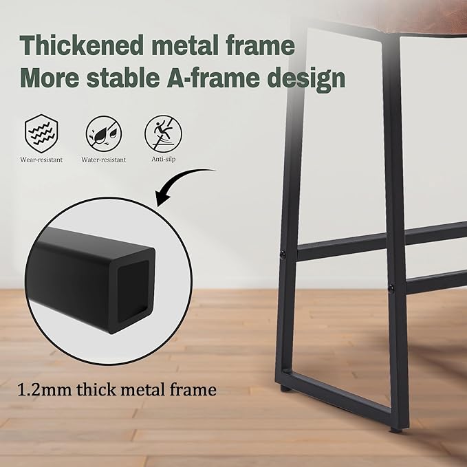 Modern Bar Stools Set of 4 for Kitchen Counter 24 inch Counter Height Backless Barstools with Upholstered Faux Leather Saddle Seat and Metal Frame Industrial Bar Chairs, Brown