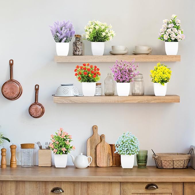 LELEE Artificial Plants Mini Fake Potted Plants, 8 pcs Small Eucalyptus Potted Faux Decorative Grass Plant with Flower for Home Decor, Indoor, Office, Desk, Shelf, Table Decoration