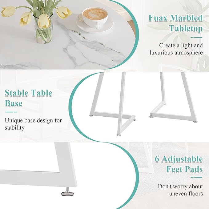 VECELO Round Dining Room Table with Wood Grain Tabletop and Steel Frame, for Kitchen, Living Room, Office, Conference, 2 to 4 Person, Fuax Marbled & White