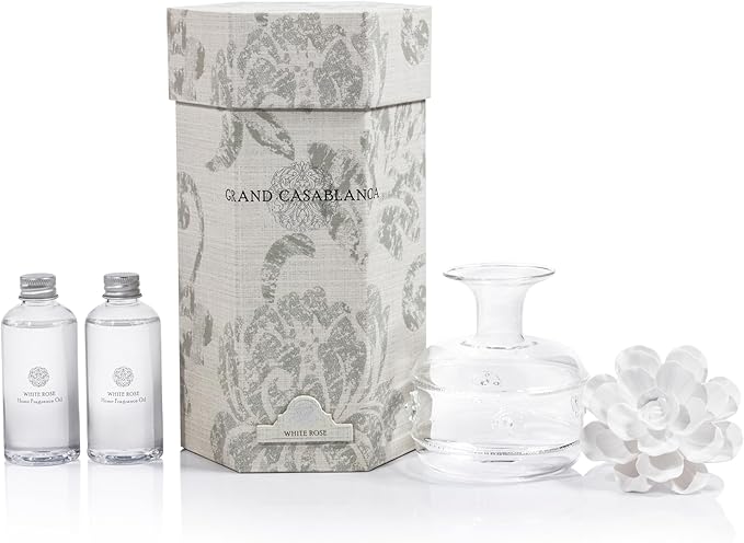 Zodax Grand Casablanca Reed Diffuser - Home Fragrance Oil Diffuser Ideal for Living Room, Bathroom, Office - Porcelain Flower Design - Gift Box Packaging Included - White Rose - 6.76 Oz.