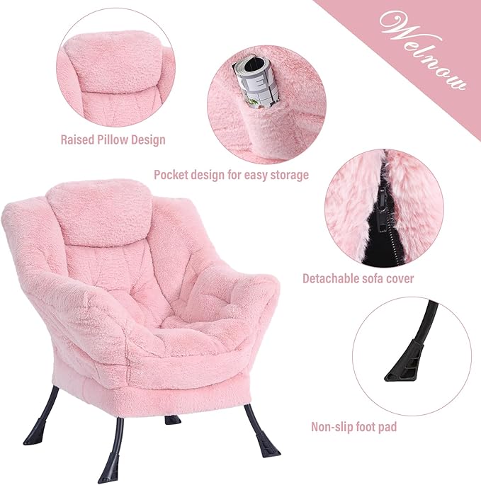 Welnow Lazy Chair with Ottoman, Modern Lounge Accent Chair with Armrests and a Side Pocket, Leisure Sofa Armchair Set, Reading Armchair with Footrest for Small Space, Plush Pink