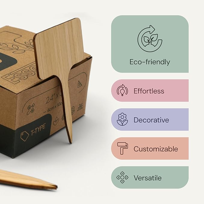 Bamboo Plant Labels, Eco-Friendly Garden Tags | Short T-Type Wooden Garden Markers | 100% Natural, Biodegradable | for Labeling Herbs, Seedlings, Vegetables, Cheeses, Appetizers, Desserts | 50 pcs
