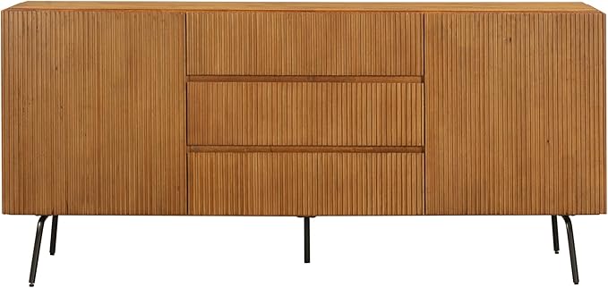 NTC Veil Sideboard with 2 Doors and 3 Drawers, Buffet Cabinet with Vertical Groove Design and Metal Legs, Storage Cabinet for Living Room, and Entryway, Effortless Assembly, Teak Look