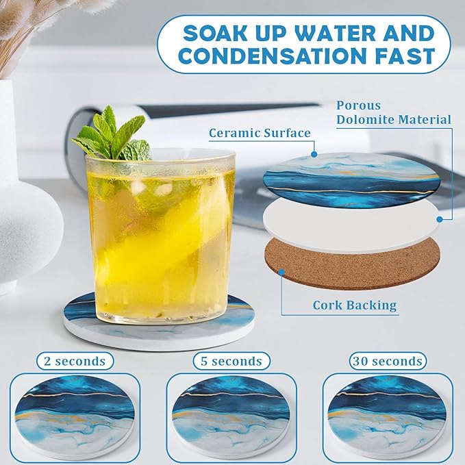GOH DODD Coasters for Drinks Set of 4, Absorbent Marble Style Ceramic Coaster Set Tabletop Protection Home Decor with Metal Golden Holder for Coffee Table, Father‘s Day Gifts, Blue, Round, 4 Inches