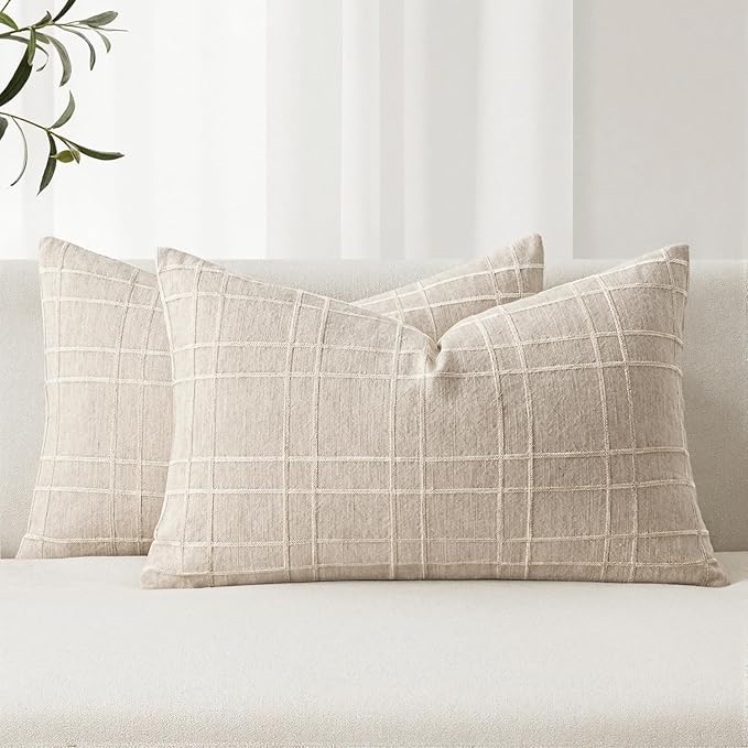MIULEE Decorative Linen Check Lumar Throw Pillow Covers Neutral Farmhouse Vintage Christmas Pillow Covers 12x20 Set of 2 Boho Modern Home Decor for Sofa Couch Bedroom Cushion Natural Beige