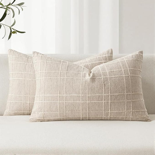 MIULEE Decorative Linen Check Lumar Throw Pillow Covers Neutral Farmhouse Vintage Christmas Pillow Covers 12x20 Set of 2 Boho Modern Home Decor for Sofa Couch Bedroom Cushion Natural Beige