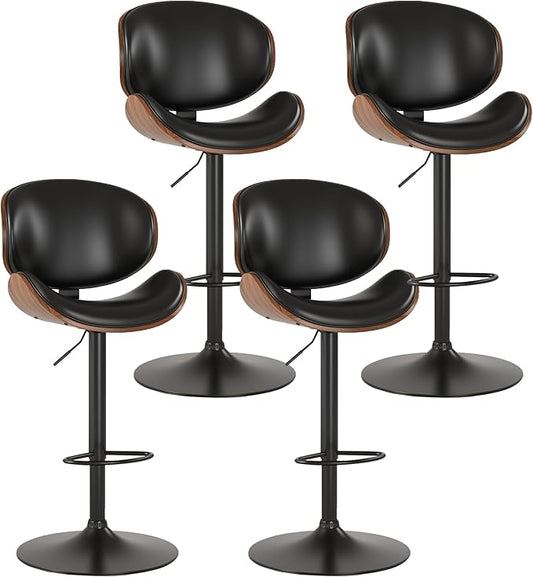 KCC Bar Stools Set of 4, Swivel Adjustable Height Barstools, PU Leather Upholstered Bar Chairs with Footrest, Bentwood Bar Stool for Kitchen, Bar, Dining Room(Black PU)