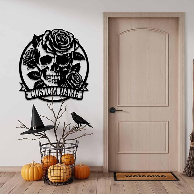 Personalized Skull and Rose Metal Sign, Custom Name Gothic Rose Decor for Garage, Man Cave, Motorcycle Club, Halloween Party, Custom Halloween Metal Wall Art, Spooky Skeleton Home Decor