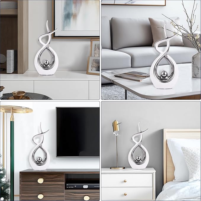 Silvery Modern Sculpture Table Decorations, Ceramic Knick Knacks Statues for Living Room Decor, Tv Stand and Desk Decor, Suitable for Coffee Tables and Shelf Decorations, Great Gift Idea