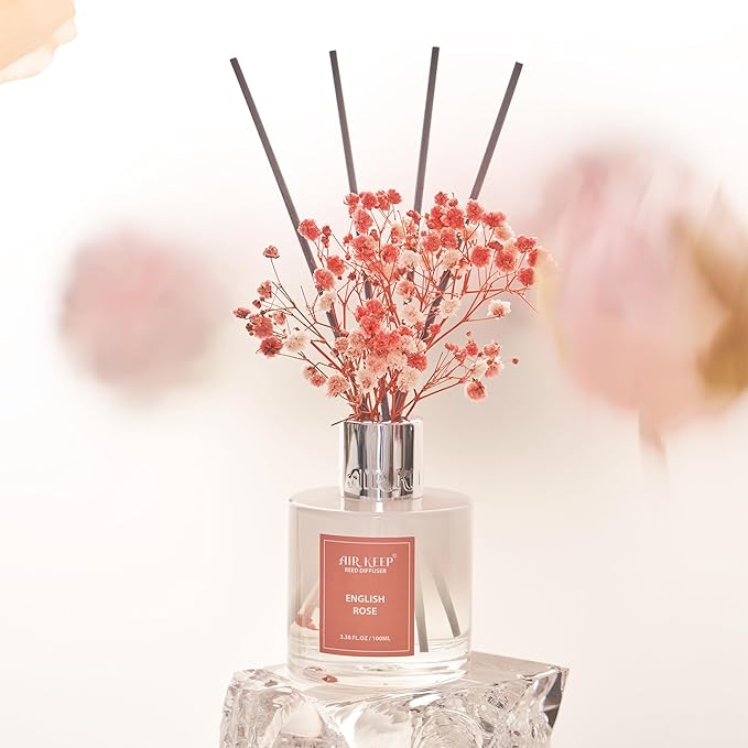 Airkeep Reed Diffuser Set,3.38 fl oz (100 ml) - English Rose Oil Diffusers with 8 Reed Sticks, Home Fragrance Reed Diffuser for Bathroom Shelf Decor