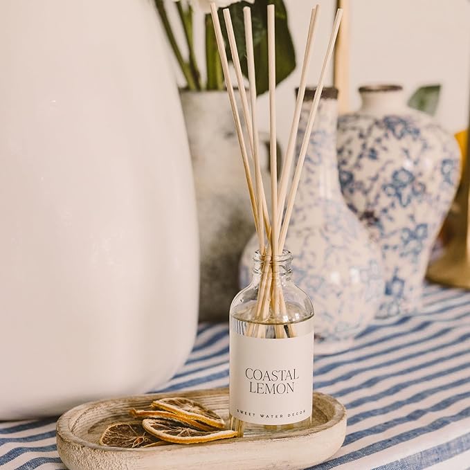 Sweet Water Decor Coastal Lemon Clear Reed Diffuser – Room Decor Aesthetic with Long-Lasting Premium Fragrance of Lemon, Sea Salt, Jasmine & Driftwood for 4 Months – Ideal for Home Décor
