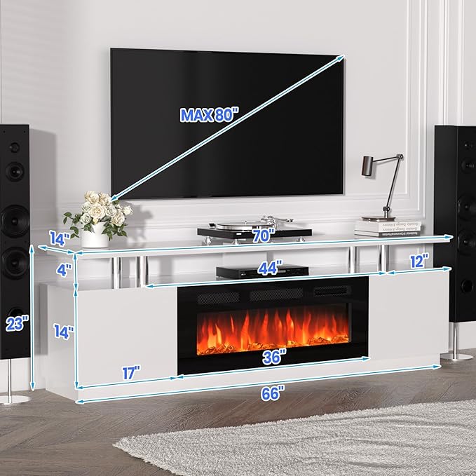 GarveeHome 70 Inch Fireplace TV Stand with 36 Inch Electric Fireplace, 12 Colors LED Lights, 750W/1500W for Max 80 Inch TV, 2 Tier Storage 2 Door Cabinet