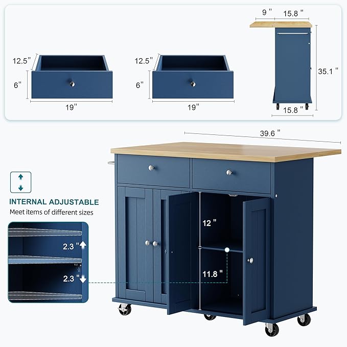 Shintenchi Kitchen Island with Drop Leaf, Rolling Kitchen Cart with Storage on Wheels, Table Bar Cart for Kitchen with Towel Rack & Seating Area for Dining Room, Blue