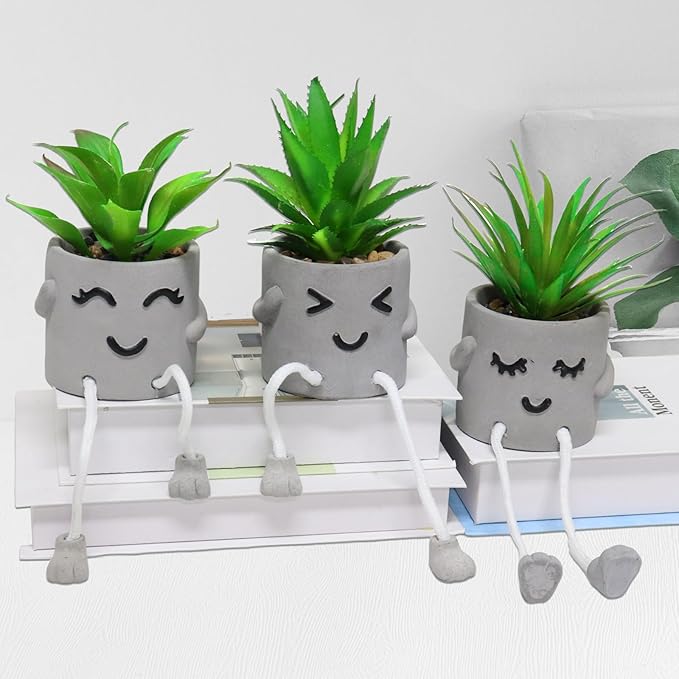 Set of 3 Artificial Succulent Plants, Fake Plant Office Decor with Gray Flower Pots, Small Faux Plants Indoor Mini Potted Succulents for Desk Shelf Bathroom Home Decor