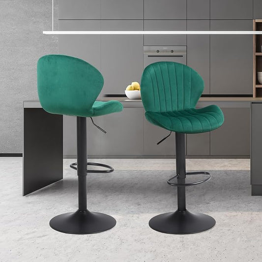 Modern Bar Stools Set of 2, Velvet Height Adjustable Swivel Barstools, Armless Kitchen Island Counter Chairs with Back & Footrest, Green