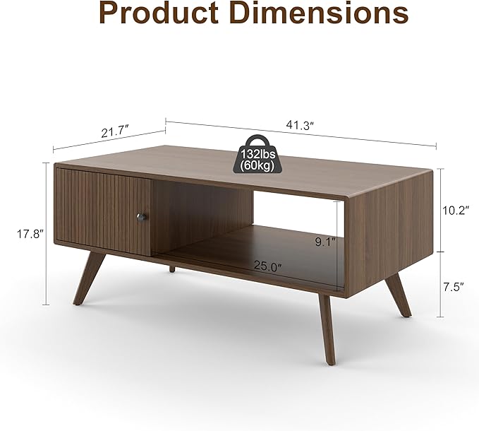 Mid Century Modern Coffee Table with Storage, Walnut Wood Center Table with Cabinet & Open Shelf, Retro Accent Furniture for Living Room & Small Spaces